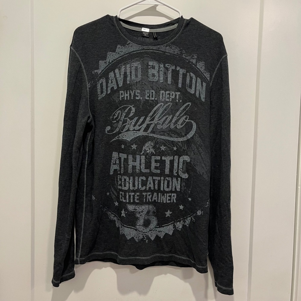 David Bitton Buffalo Mens Thermal Shirt Long Sleeve Waffle Knit Graphic Grey XL